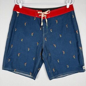 Reef Mens 33 Blue Hula Girl Print Boardshorts Swim Trunks Red Contrast